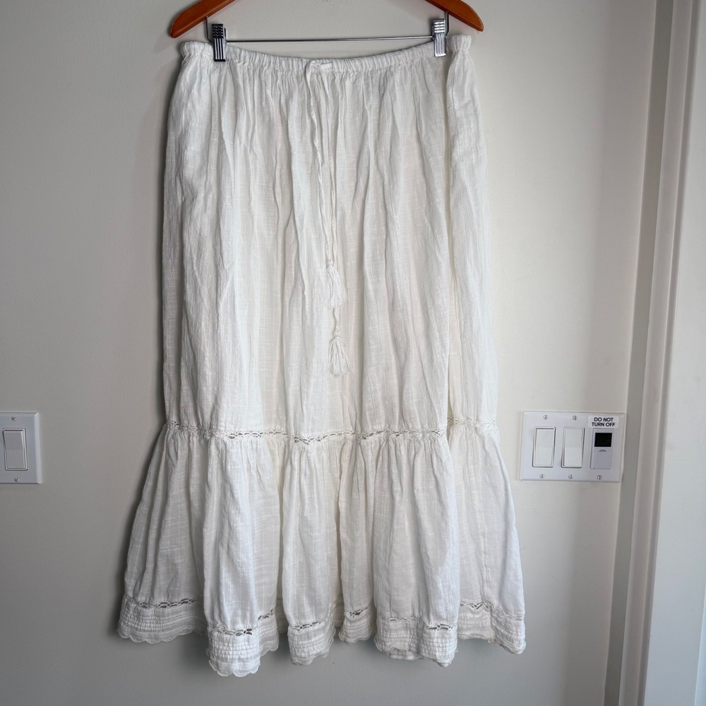 H&M Tiered Lace Cotton Gauze Midi Skirt White Womens Large Boho Bohemian